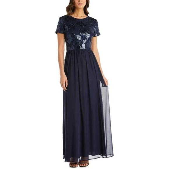R&M Richards Mesh Sequin Embellished Short Sleeve Maxi Evening Dress Navy Size 6 - Picture 2 of 13